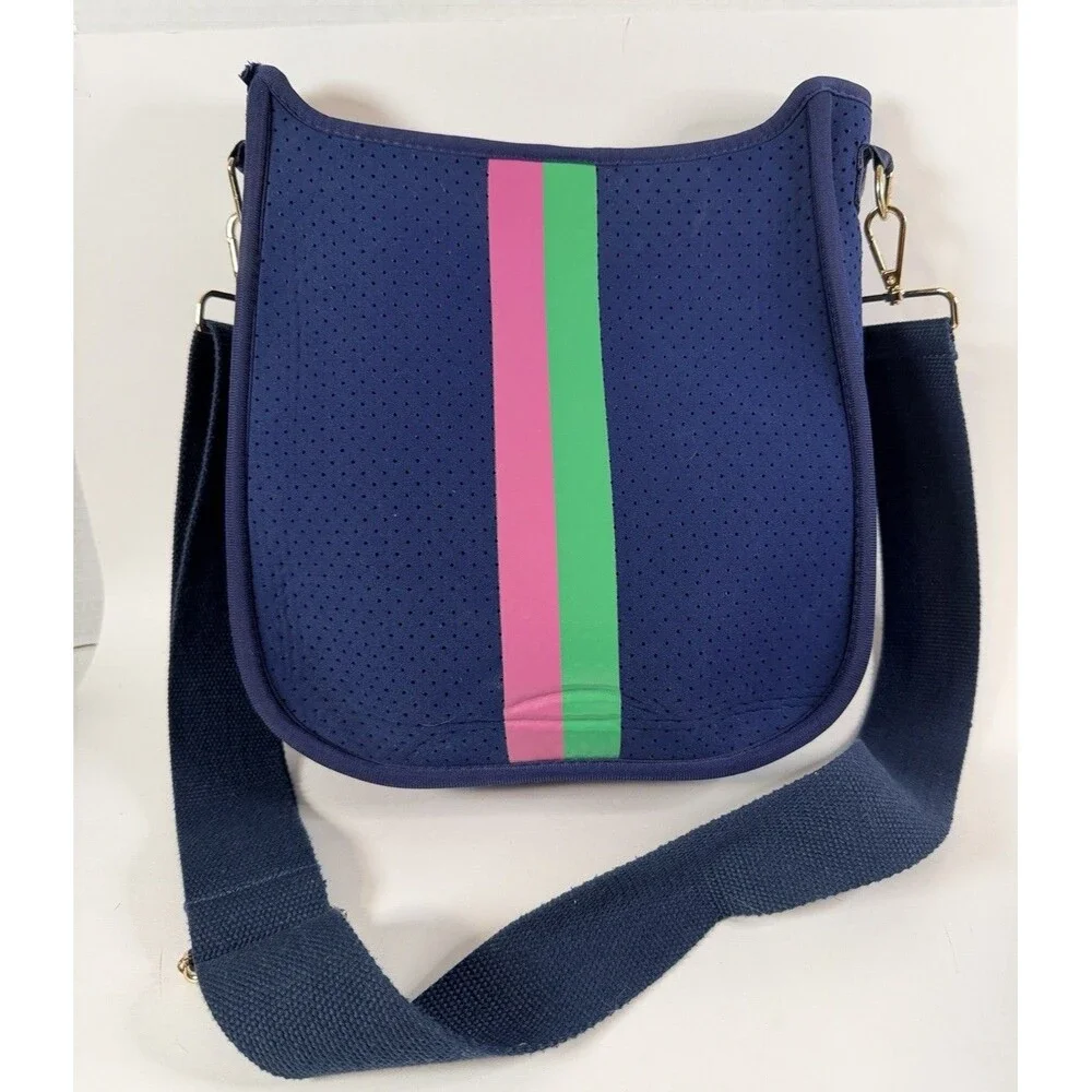 AHDORNED Classic Stripe Messenger Crossbody Bag Navy Perforated Neoprene Preppy